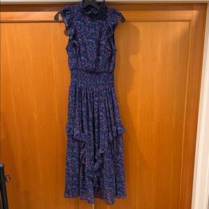 Lulu's Navy with pink Floral Ruffle Midi Dress